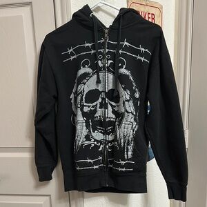 Black Hoodie with Skull and Barbed Wire Design Social Collision